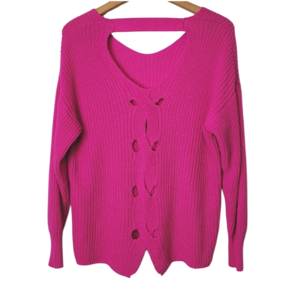 Hot Pink Chunky Braided Back Detail Sweater Grunge Barbie Size Small Y2K Style - Picture 1 of 10